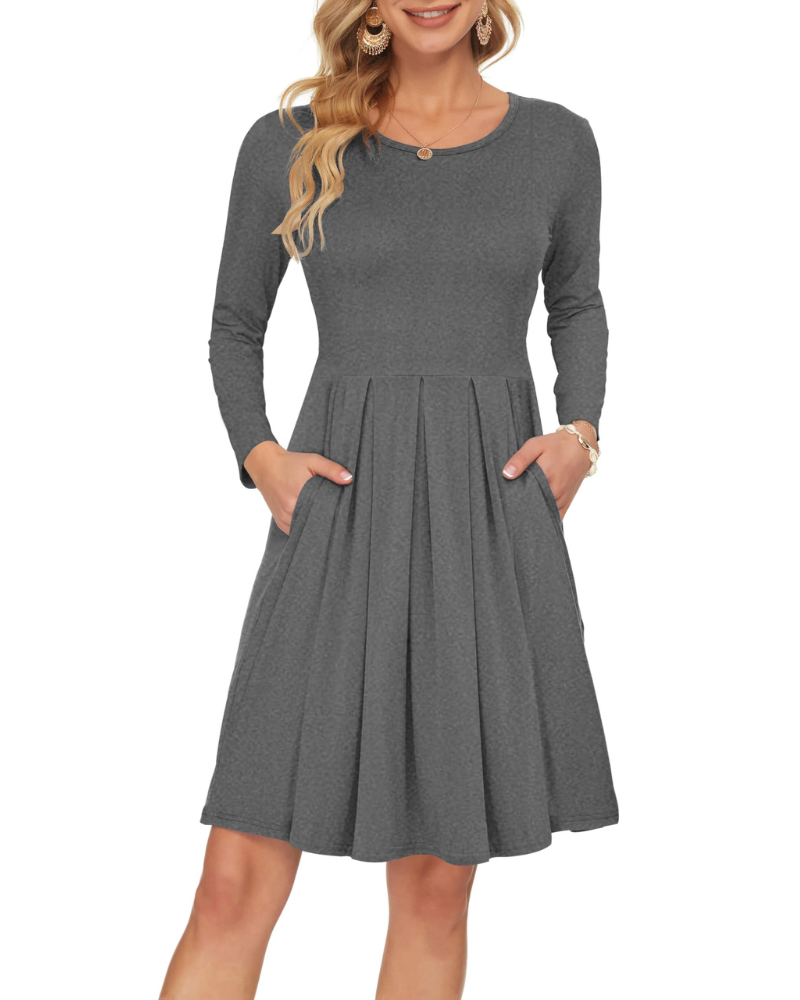 Nora Vestido de Mujer – Vestido Swing hasta la Rodilla con Mangas Largas, Cuello Redondo y Bolsillos