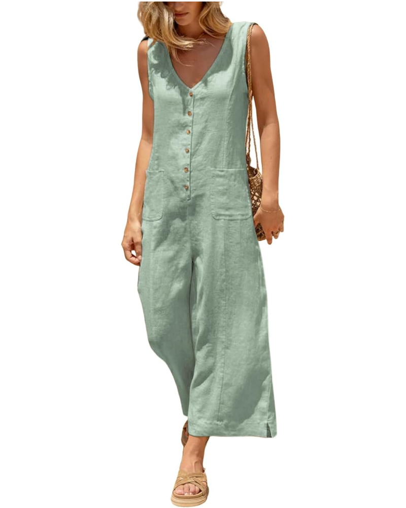 Gwendolyn Tuta Donna en Coton et Lin – Col V, Jambe Large et Poches