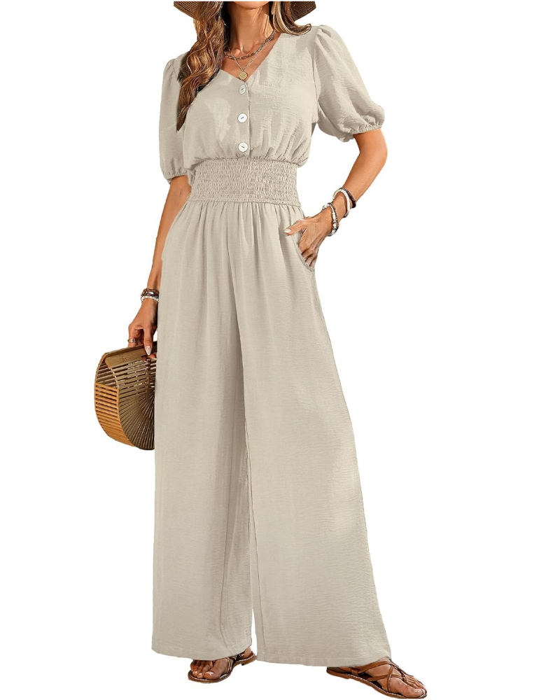 Robe élégante pour femme Blythe – col en V, taille smockée et pantalons à jambes larges