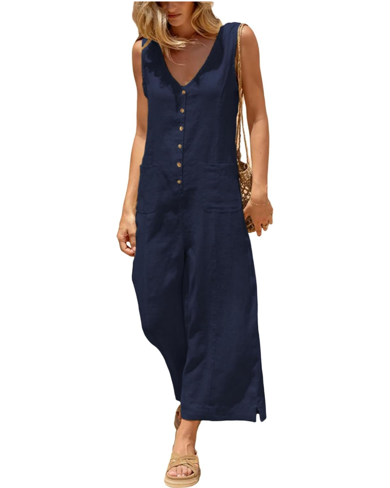 Gwendolyn Tuta Donna en Coton et Lin – Col V, Jambe Large et Poches