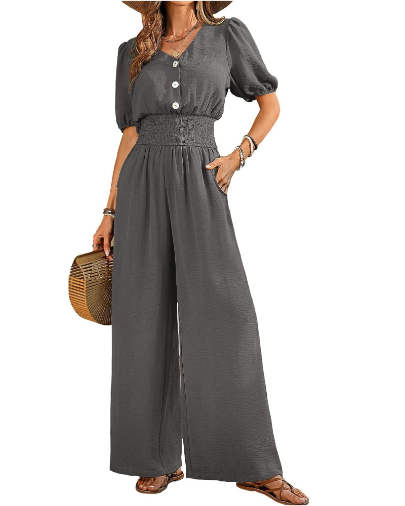 Robe élégante pour femme Blythe – col en V, taille smockée et pantalons à jambes larges