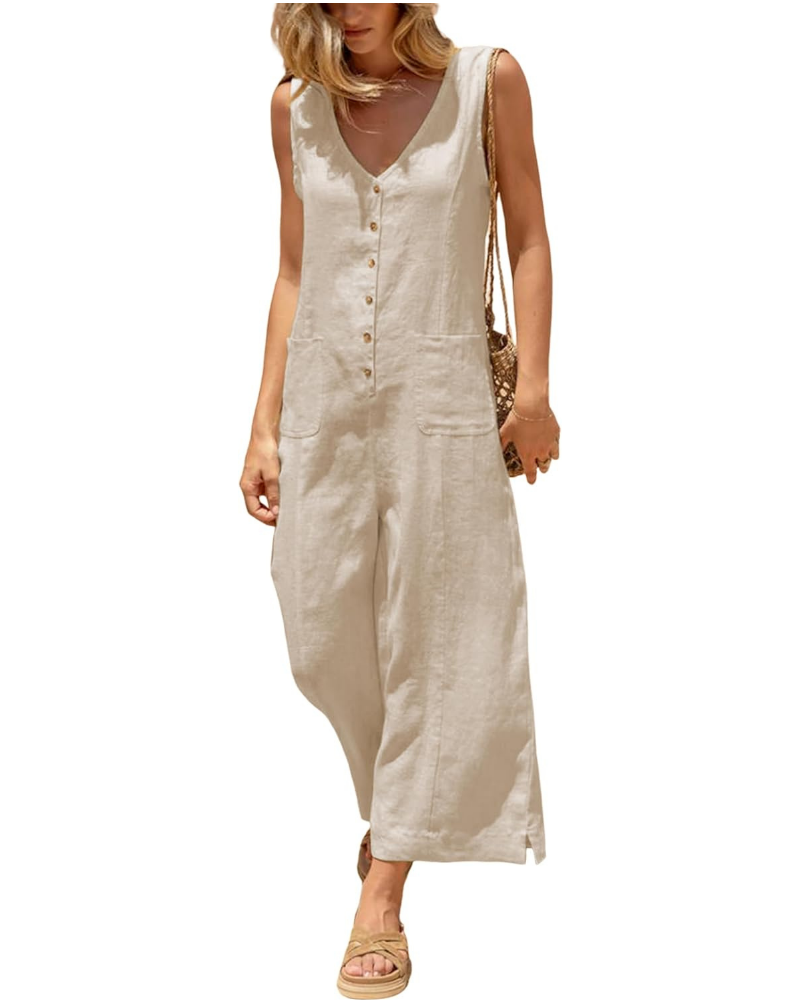Gwendolyn Tuta Donna en Coton et Lin – Col V, Jambe Large et Poches