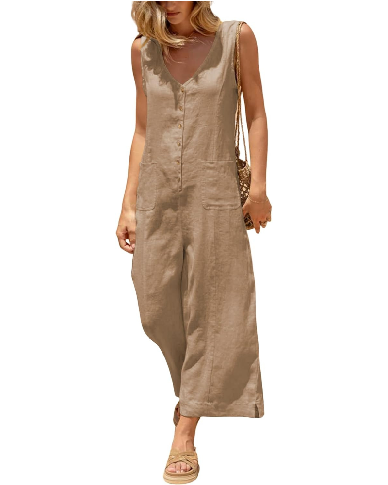 Gwendolyn Tuta Donna en Coton et Lin – Col V, Jambe Large et Poches