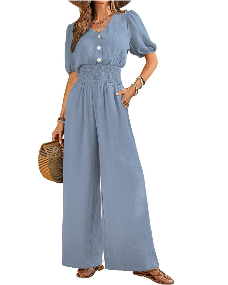 Robe élégante pour femme Blythe – col en V, taille smockée et pantalons à jambes larges