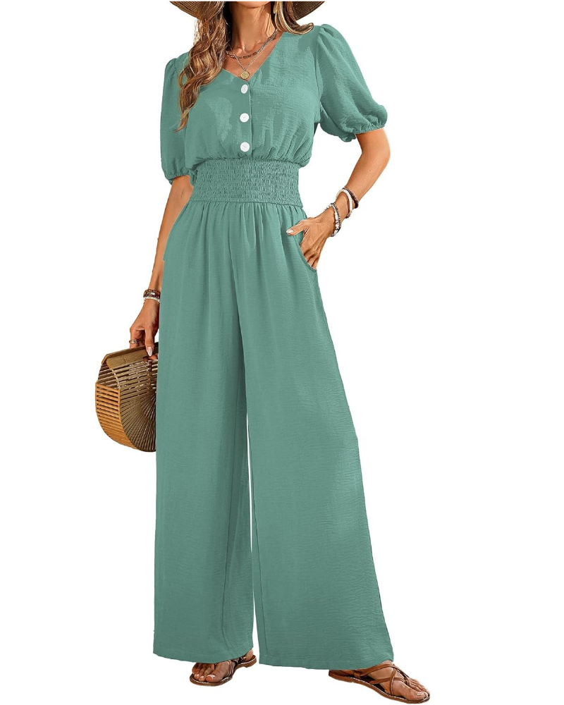 Robe élégante pour femme Blythe – col en V, taille smockée et pantalons à jambes larges