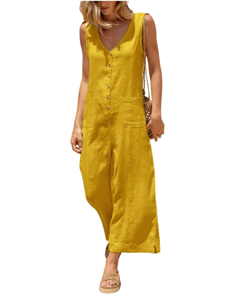 Gwendolyn Tuta Donna en Coton et Lin – Col V, Jambe Large et Poches