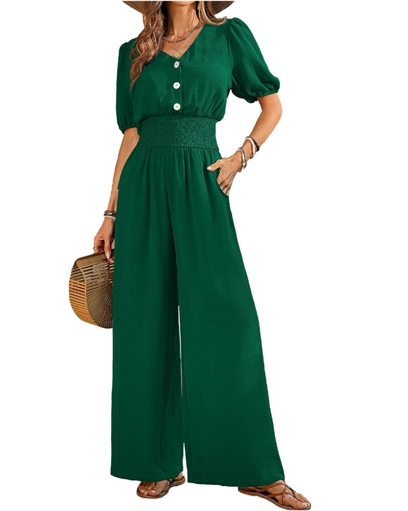 Robe élégante pour femme Blythe – col en V, taille smockée et pantalons à jambes larges