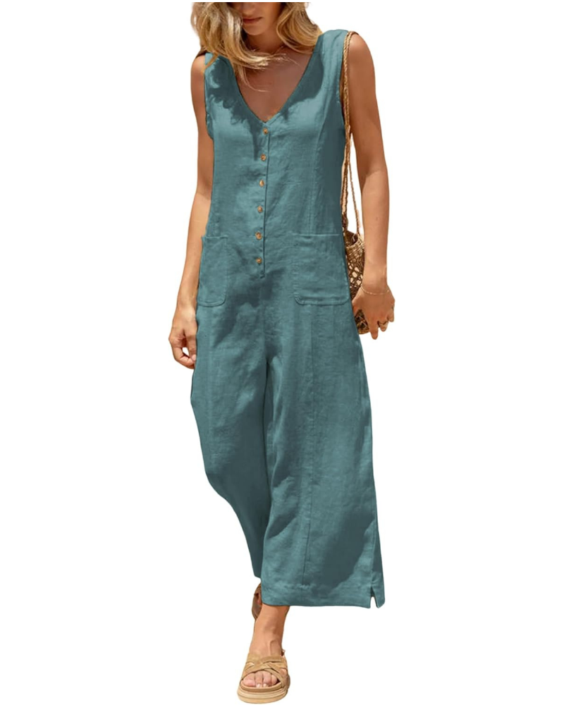 Gwendolyn Tuta Donna en Coton et Lin – Col V, Jambe Large et Poches