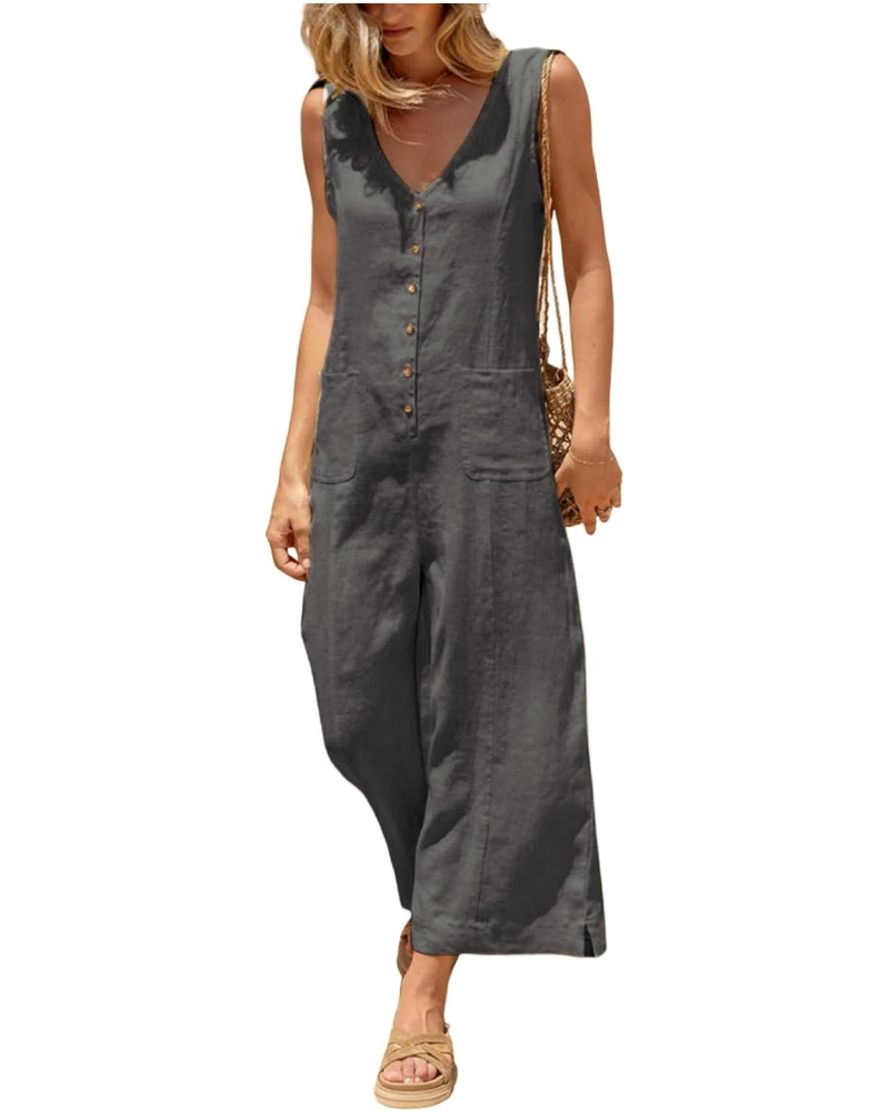 Gwendolyn Tuta Donna en Coton et Lin – Col V, Jambe Large et Poches