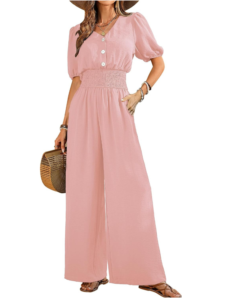 Robe élégante pour femme Blythe – col en V, taille smockée et pantalons à jambes larges