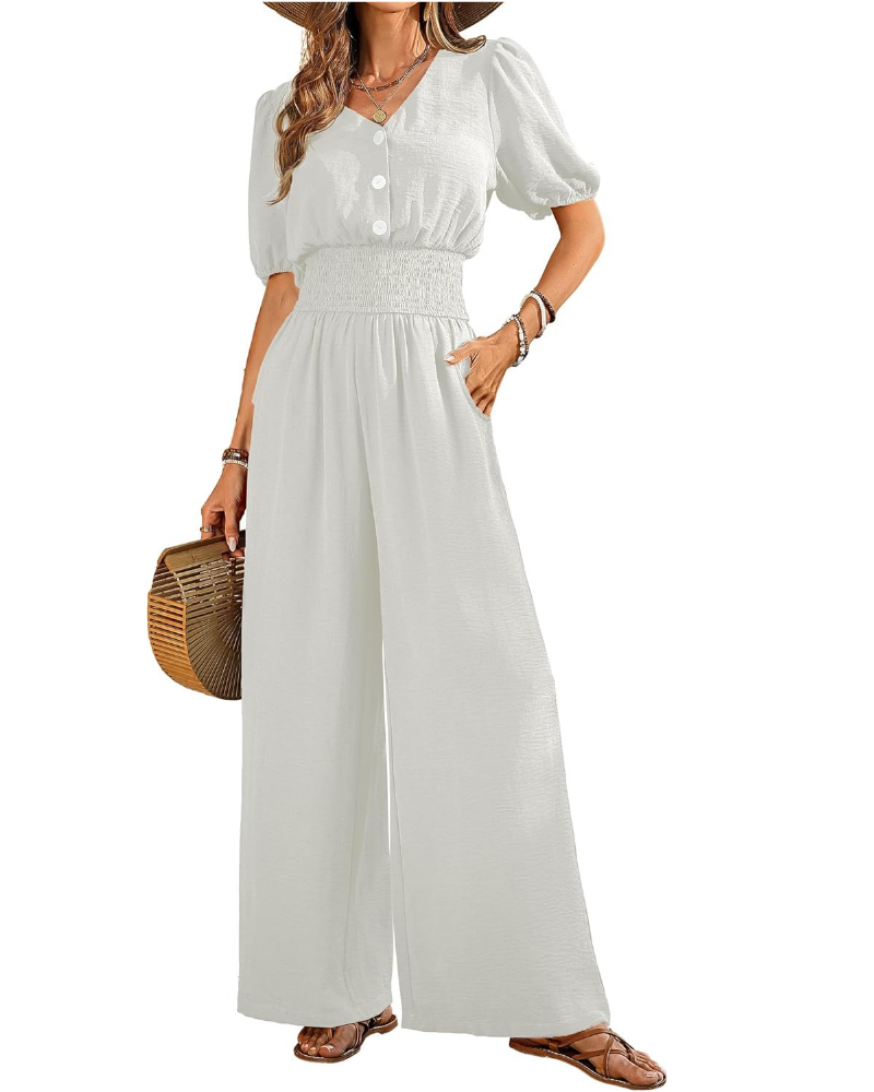 Robe élégante pour femme Blythe – col en V, taille smockée et pantalons à jambes larges