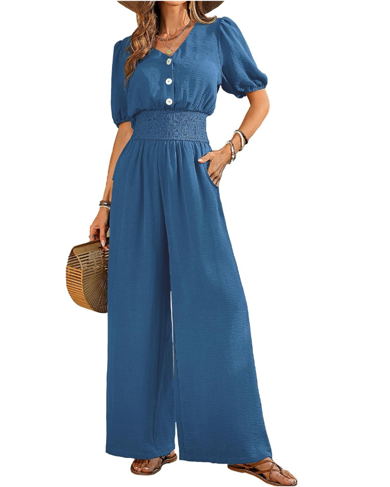 Robe élégante pour femme Blythe – col en V, taille smockée et pantalons à jambes larges