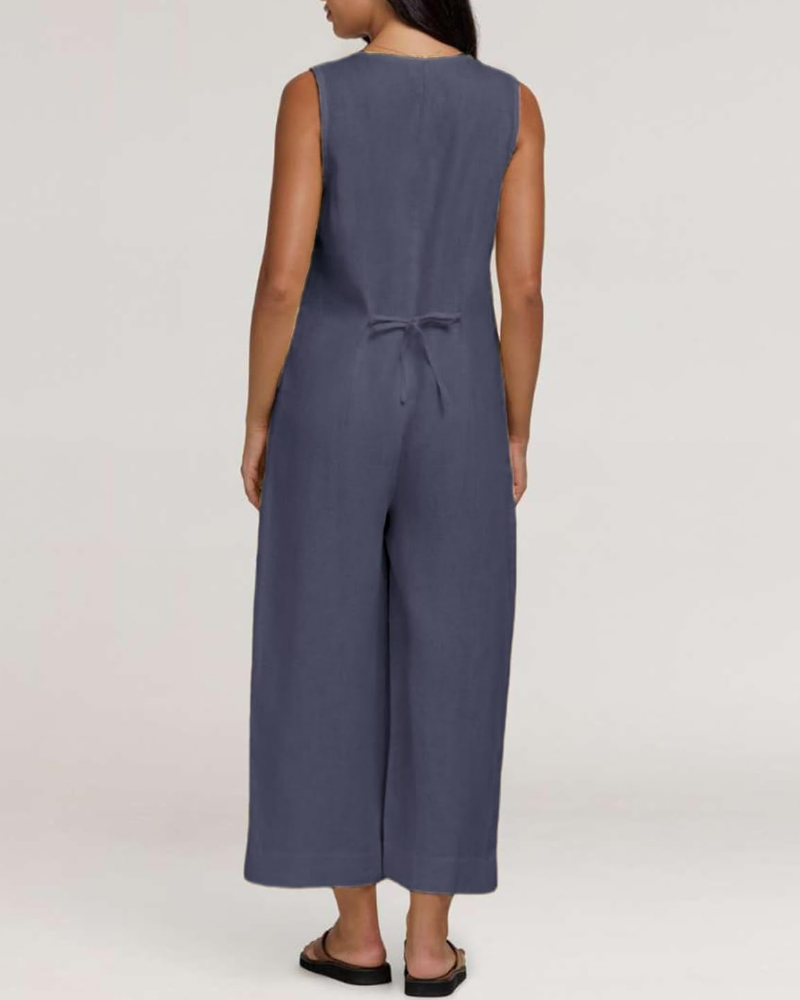 Gwendolyn Tuta Donna en Coton et Lin – Col V, Jambe Large et Poches