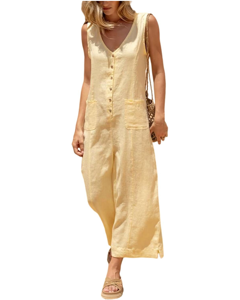 Gwendolyn Tuta Donna en Coton et Lin – Col V, Jambe Large et Poches