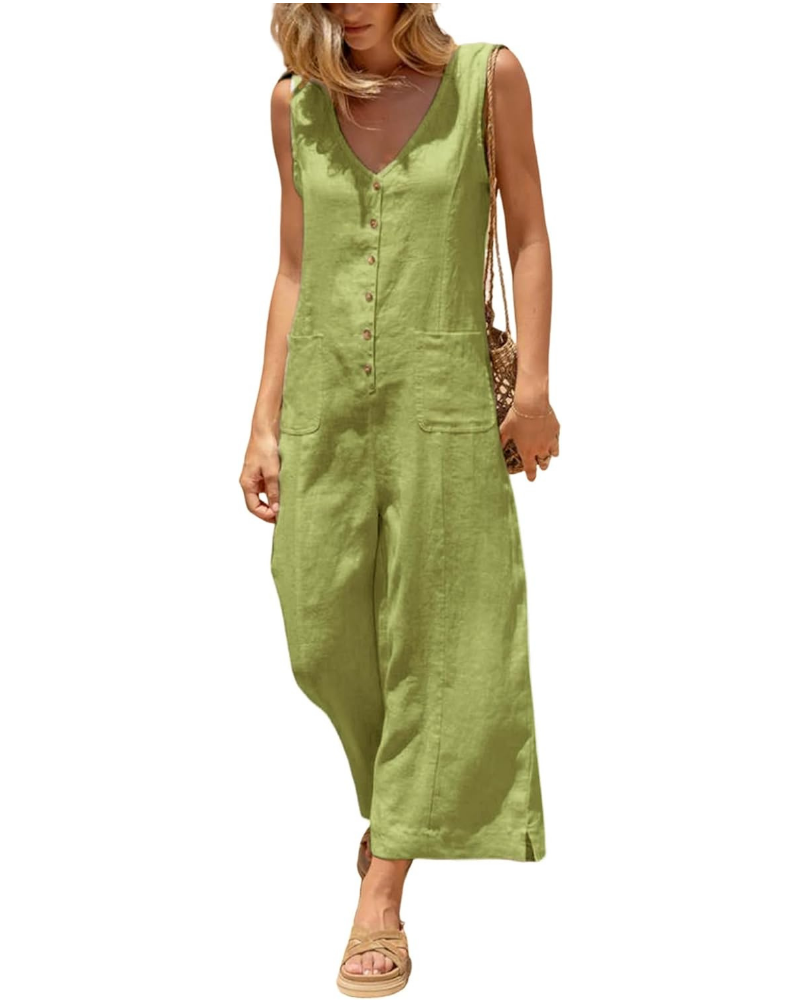 Gwendolyn Tuta Donna en Coton et Lin – Col V, Jambe Large et Poches