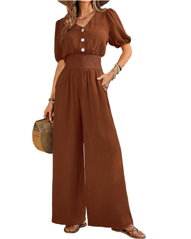 Robe élégante pour femme Blythe – col en V, taille smockée et pantalons à jambes larges