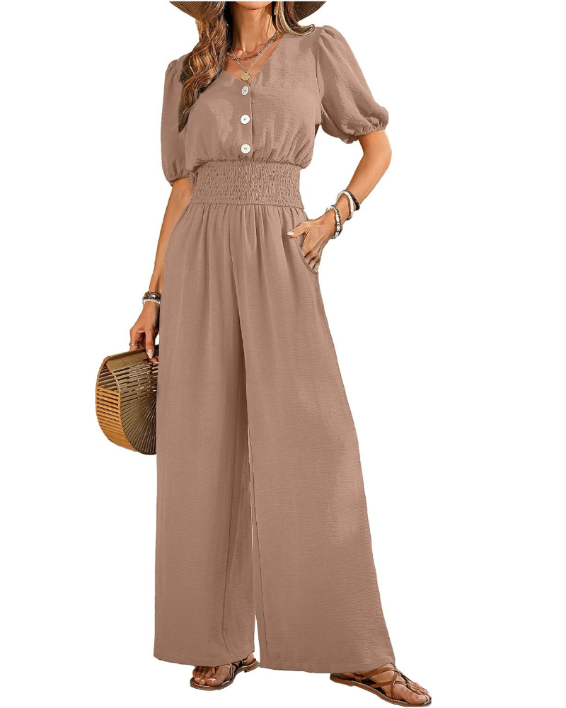 Robe élégante pour femme Blythe – col en V, taille smockée et pantalons à jambes larges
