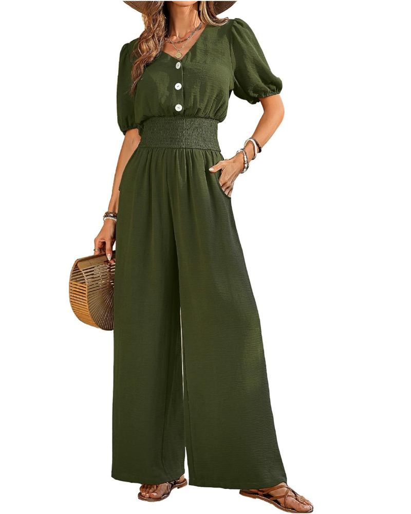 Robe élégante pour femme Blythe – col en V, taille smockée et pantalons à jambes larges