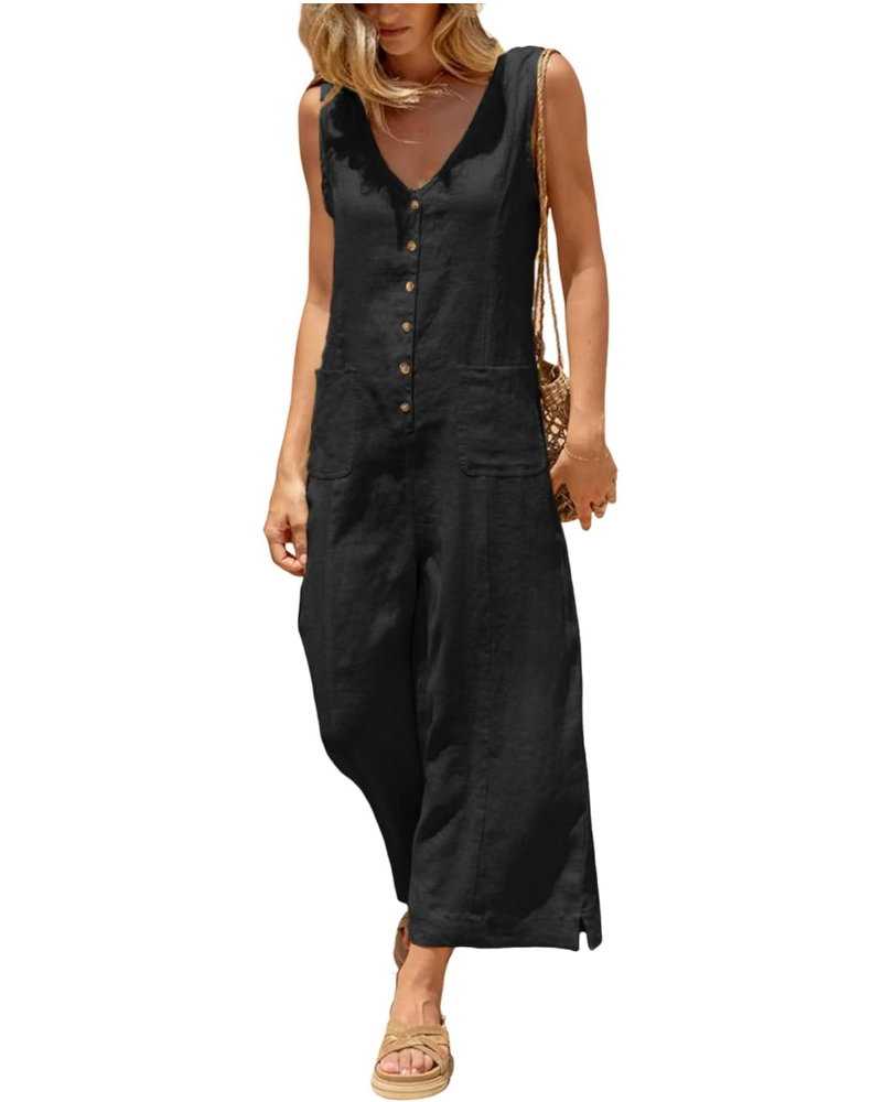 Gwendolyn Tuta Donna en Coton et Lin – Col V, Jambe Large et Poches