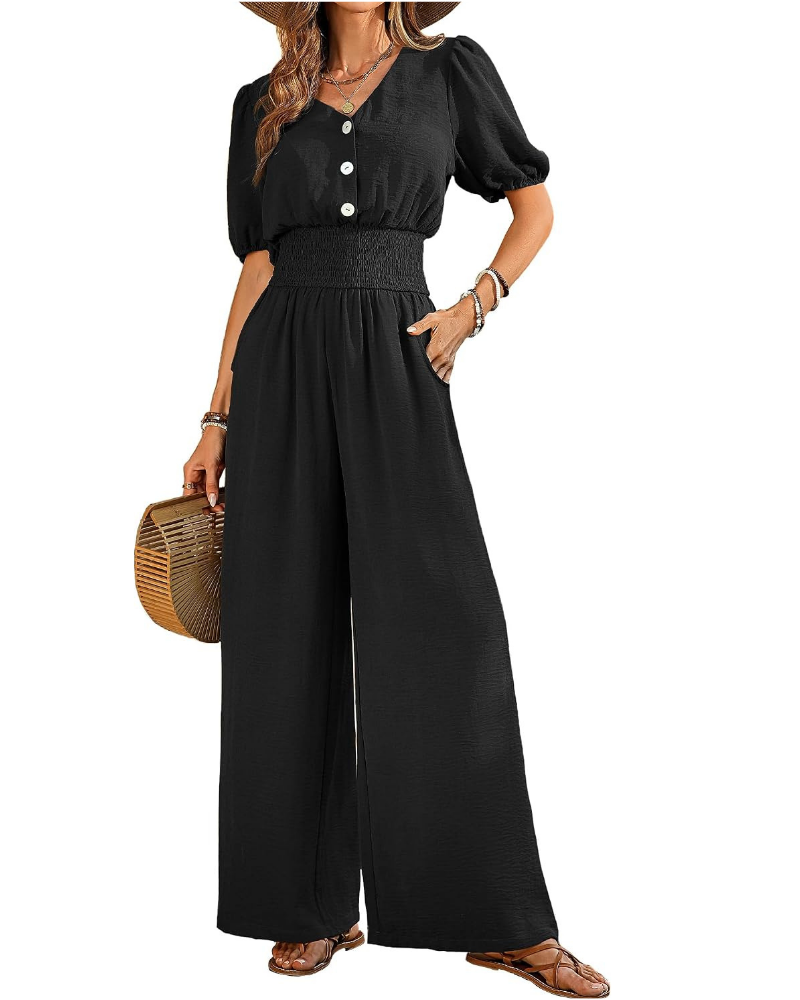 Robe élégante pour femme Blythe – col en V, taille smockée et pantalons à jambes larges