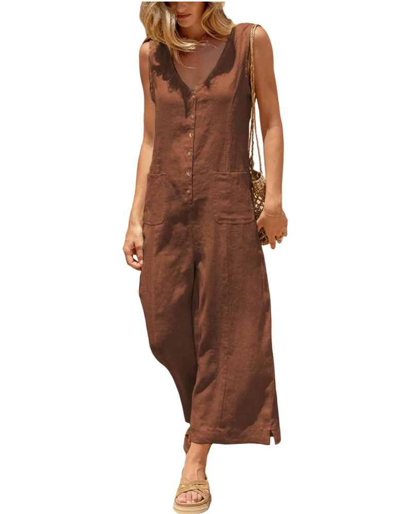Gwendolyn Tuta Donna en Coton et Lin – Col V, Jambe Large et Poches