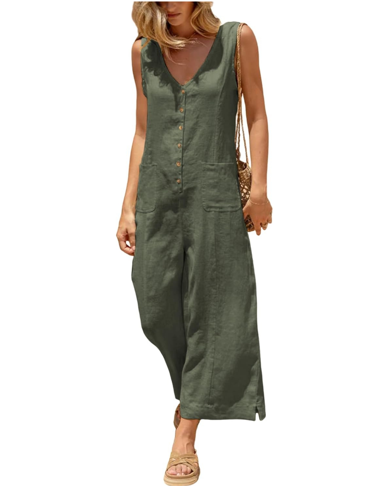 Gwendolyn Tuta Donna en Coton et Lin – Col V, Jambe Large et Poches