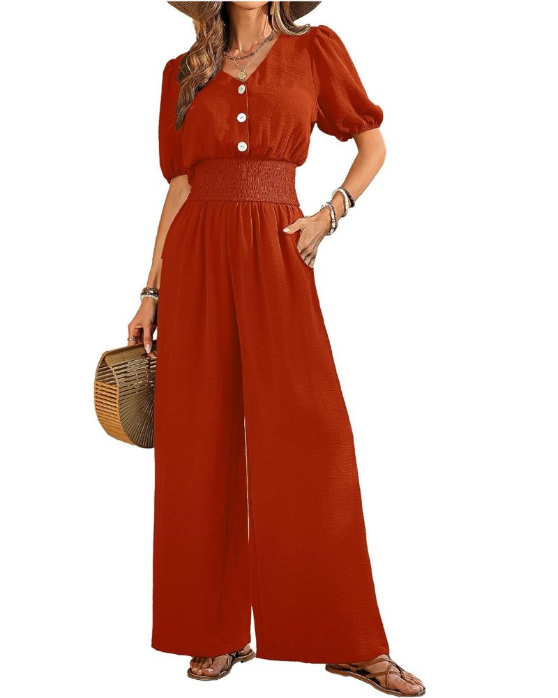Robe élégante pour femme Blythe – col en V, taille smockée et pantalons à jambes larges