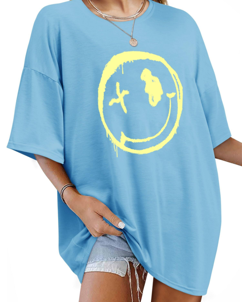 Darcy T-Shirt Damska – Oversize Koszulka Good Vibes z Nadrukiem Uśmiechu i Krótkimi Rękawami