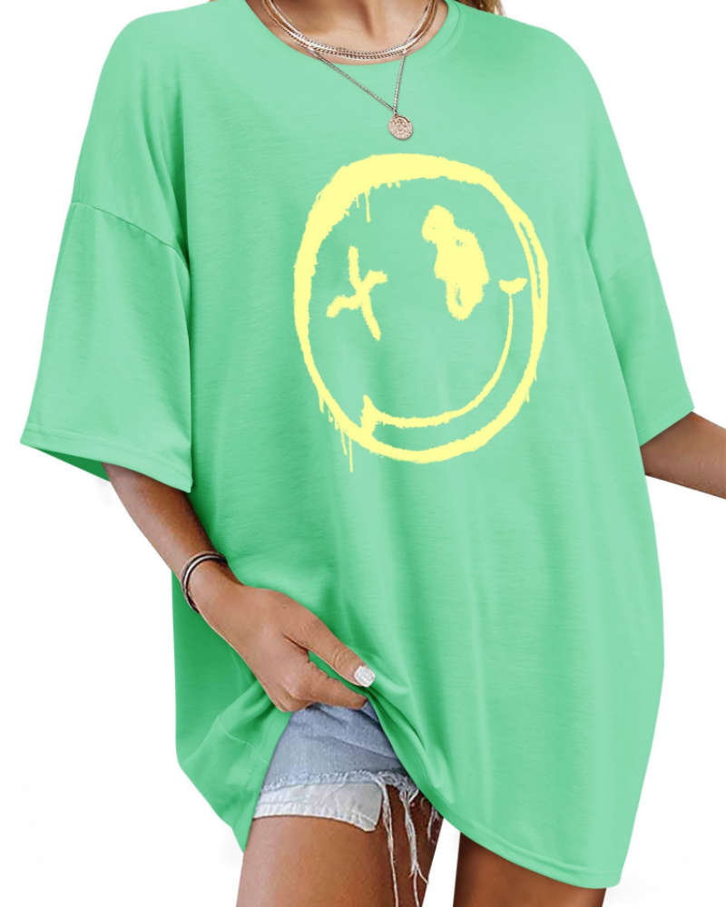 Darcy T-Shirt Damska – Oversize Koszulka Good Vibes z Nadrukiem Uśmiechu i Krótkimi Rękawami