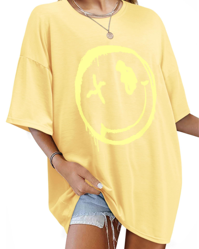 Darcy T-Shirt Damska – Oversize Koszulka Good Vibes z Nadrukiem Uśmiechu i Krótkimi Rękawami