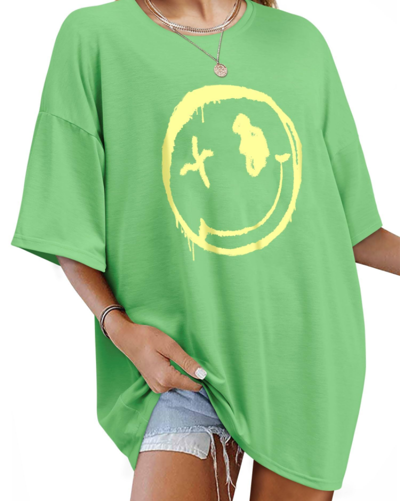 Darcy T-Shirt Damska – Oversize Koszulka Good Vibes z Nadrukiem Uśmiechu i Krótkimi Rękawami