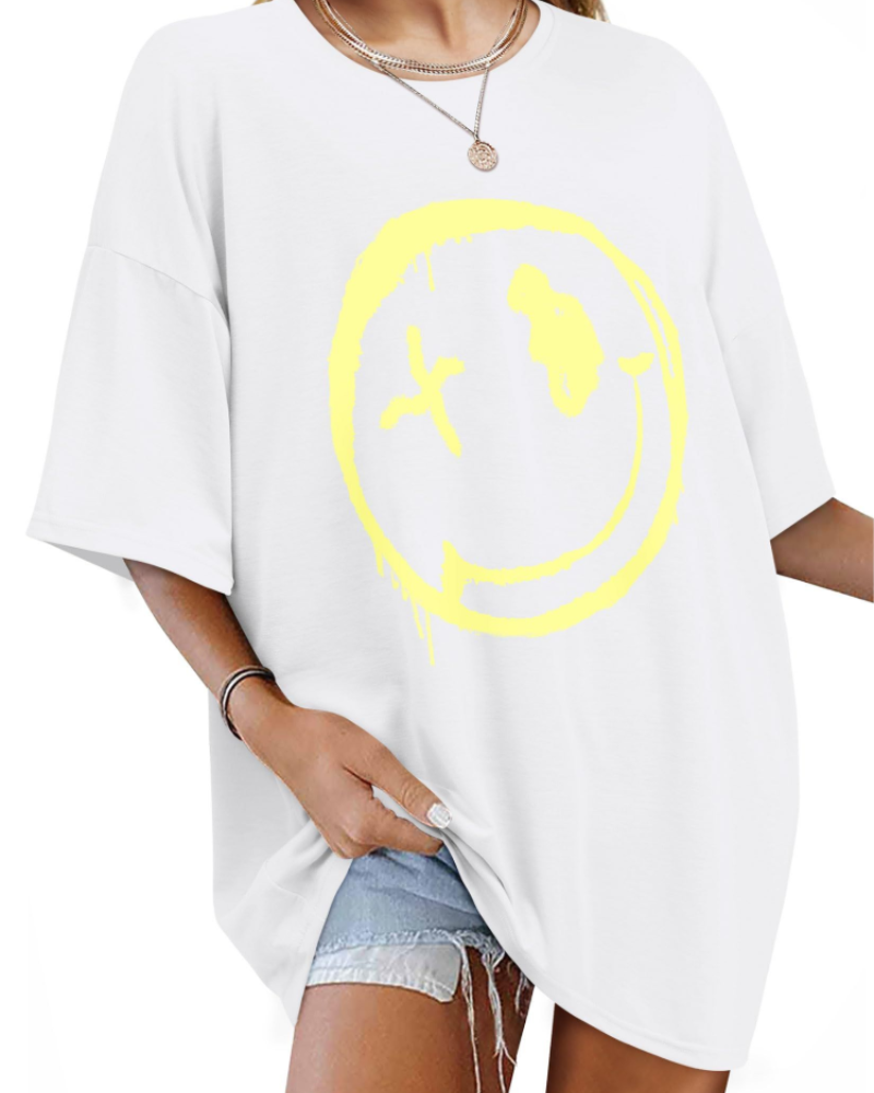 Darcy T-Shirt Damska – Oversize Koszulka Good Vibes z Nadrukiem Uśmiechu i Krótkimi Rękawami