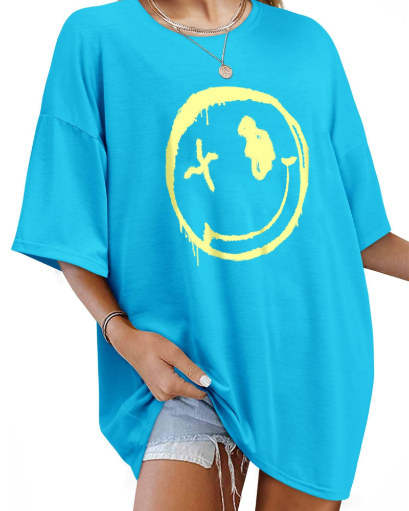 Darcy T-Shirt Damska – Oversize Koszulka Good Vibes z Nadrukiem Uśmiechu i Krótkimi Rękawami