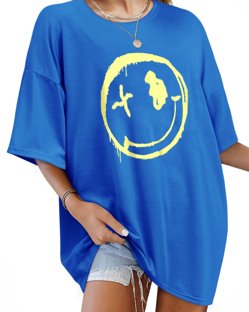 Darcy T-Shirt Damska – Oversize Koszulka Good Vibes z Nadrukiem Uśmiechu i Krótkimi Rękawami