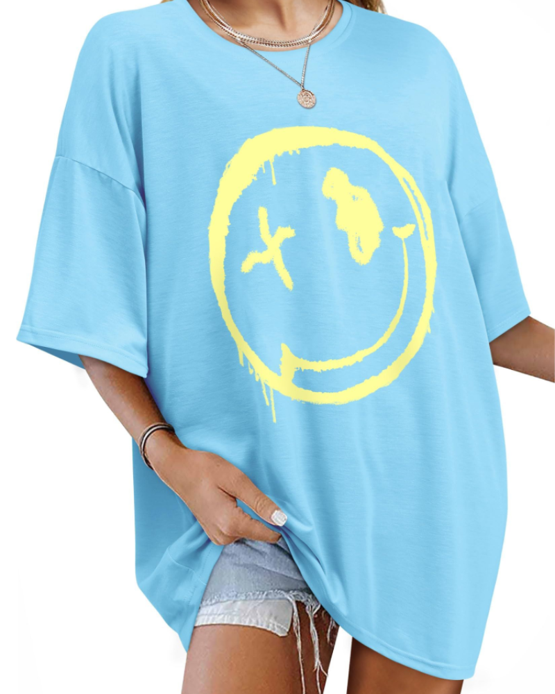 Darcy T-Shirt Damska – Oversize Koszulka Good Vibes z Nadrukiem Uśmiechu i Krótkimi Rękawami
