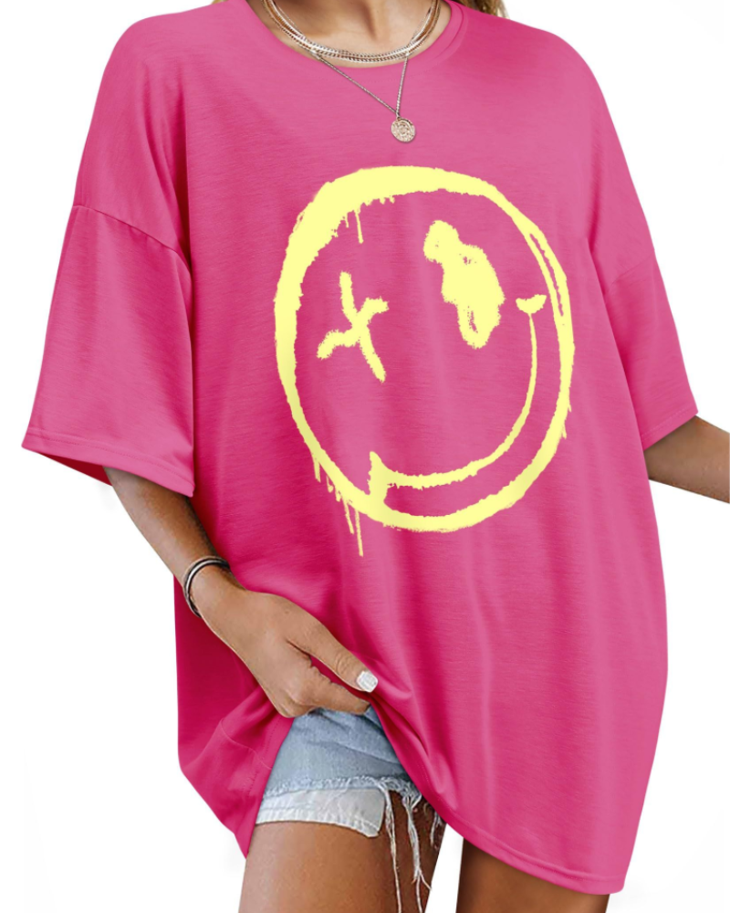 Darcy T-Shirt Damska – Oversize Koszulka Good Vibes z Nadrukiem Uśmiechu i Krótkimi Rękawami