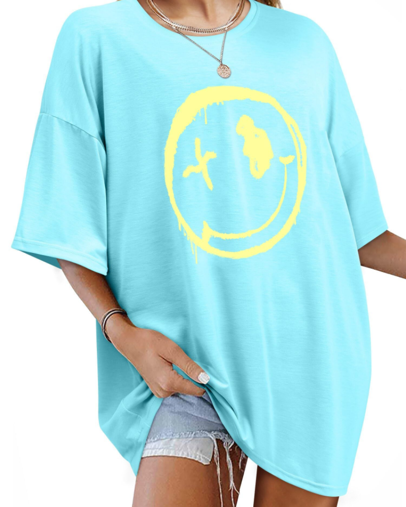Darcy T-Shirt Damska – Oversize Koszulka Good Vibes z Nadrukiem Uśmiechu i Krótkimi Rękawami