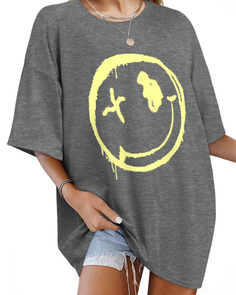 Darcy T-Shirt Damska – Oversize Koszulka Good Vibes z Nadrukiem Uśmiechu i Krótkimi Rękawami