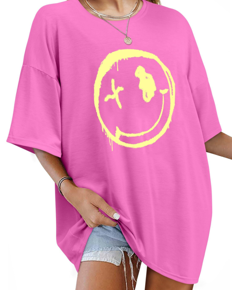 Darcy T-Shirt Damska – Oversize Koszulka Good Vibes z Nadrukiem Uśmiechu i Krótkimi Rękawami