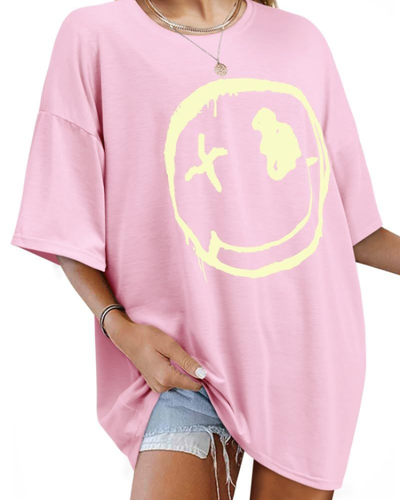 Darcy T-Shirt Damska – Oversize Koszulka Good Vibes z Nadrukiem Uśmiechu i Krótkimi Rękawami