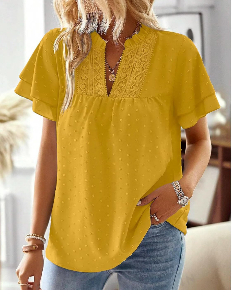 Sabrina Top Donna – Scollo a V, Pizzo Crochet, Volant e Maniche Corte
