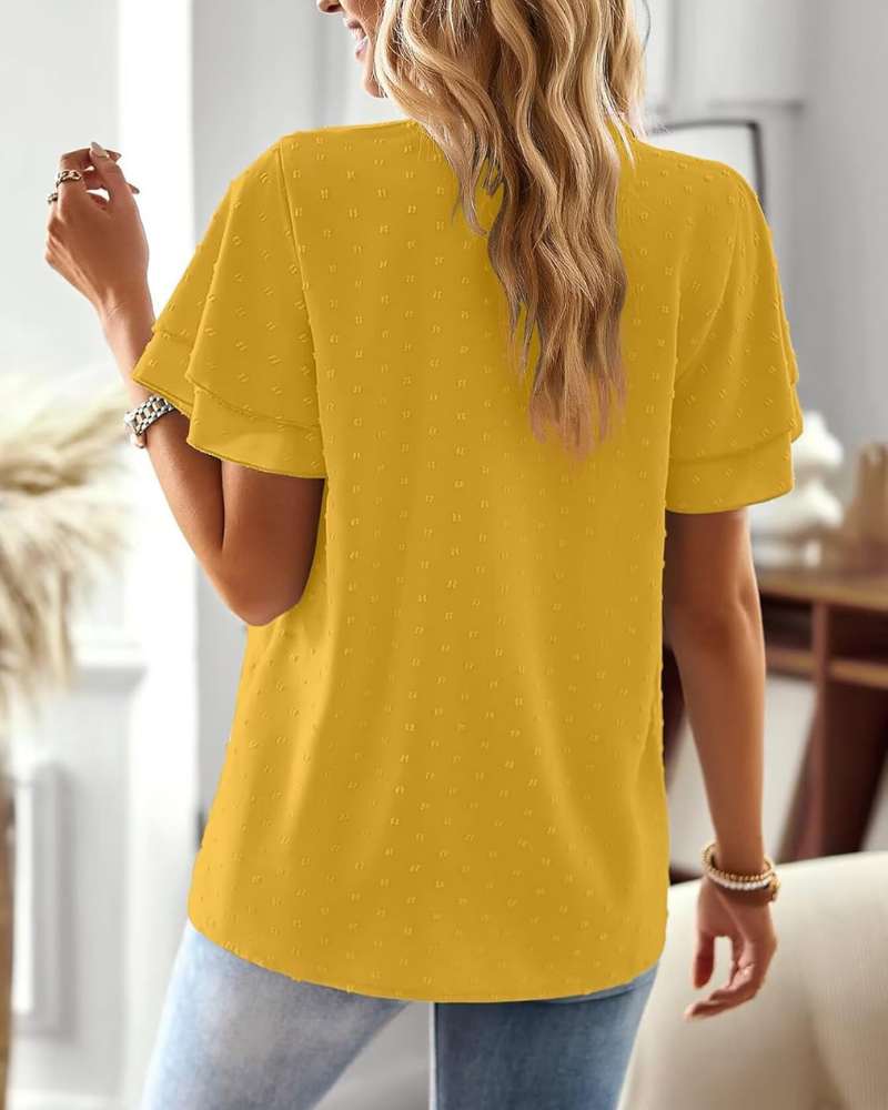 Sabrina Top Donna – Scollo a V, Pizzo Crochet, Volant e Maniche Corte
