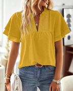 Sabrina Top Donna – Scollo a V, Pizzo Crochet, Volant e Maniche Corte