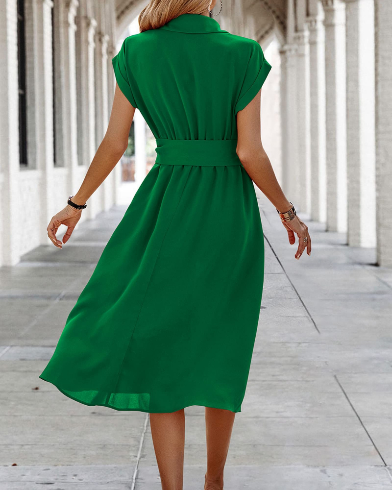 Mia Abito Midi da Donna – Vestito Estivo con Scollo a V, Cintura, Dettagli a Bottone & Taschine