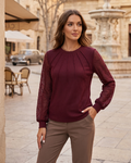 Bluză de damă Winslow – tricot cu textură gofrată, mâneci lungi din dantelă și guler rotund