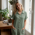 Mia Women's Muslin Dress – Summer Midi Dress with V-Neck and Buttons