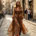 Luna Robe Femme – Robe Longue Bohème Florale, Col V, Manches Longues, Élégante