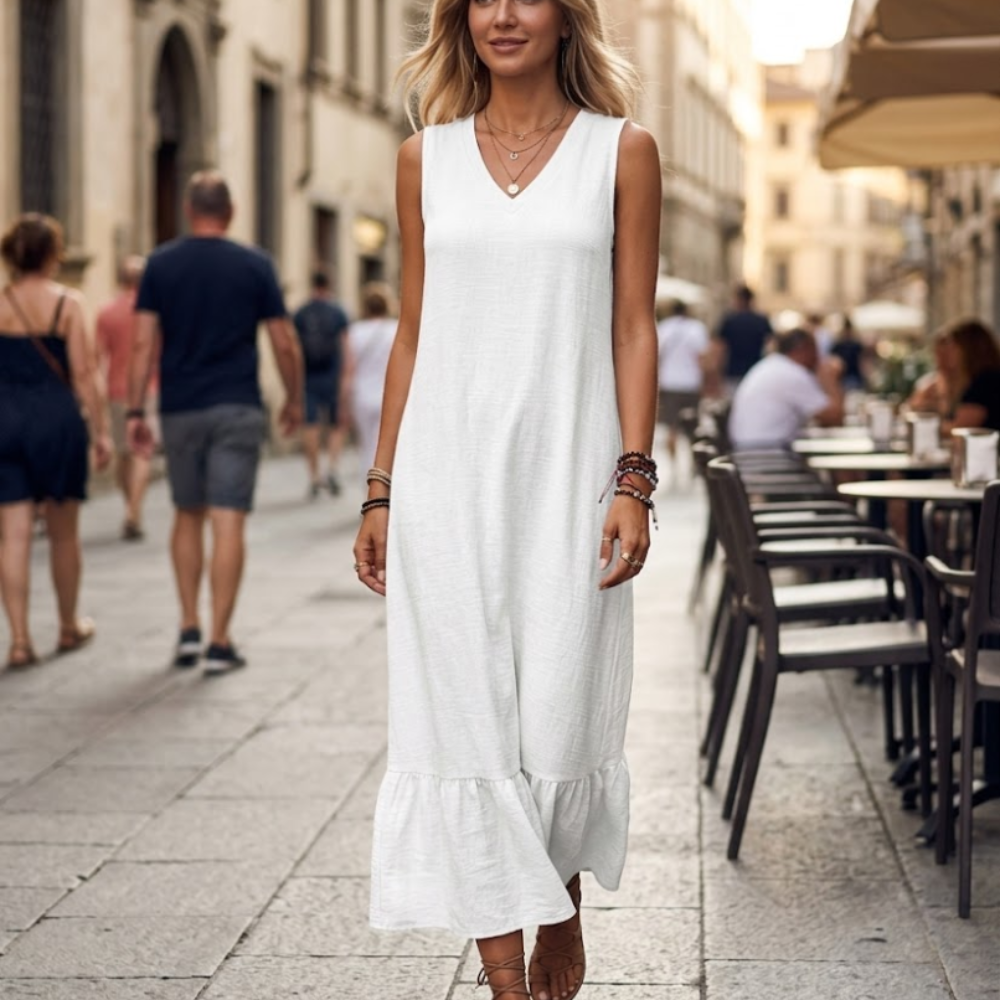 Marta Women's Dress – Long Linen Dress, V-Neck, Pockets, Casual Summer