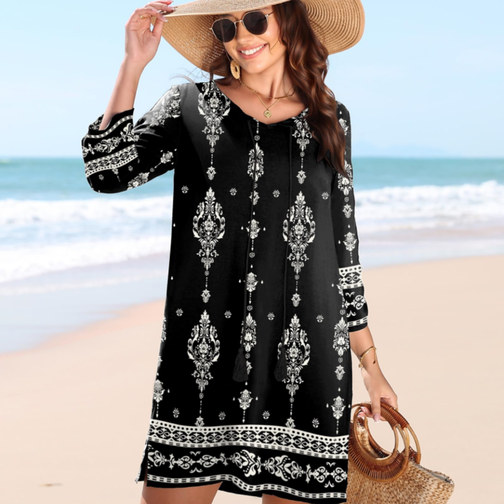 Victoria Vestido Túnica para Mujer – Vestido Boho Floral con Mangas 3/4 y Borlas