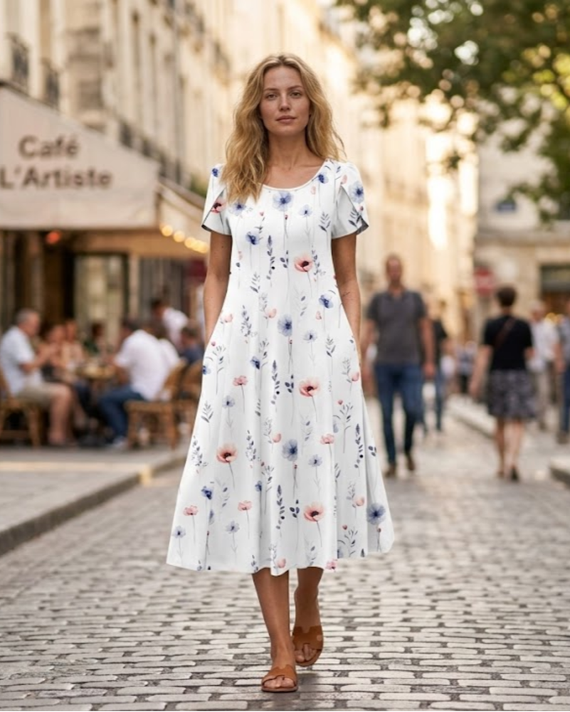 Vestido Midi Hannah Abito para Mujer – Vestido Línea A con Mangas Abullonadas, Pliegues y Bolsillos